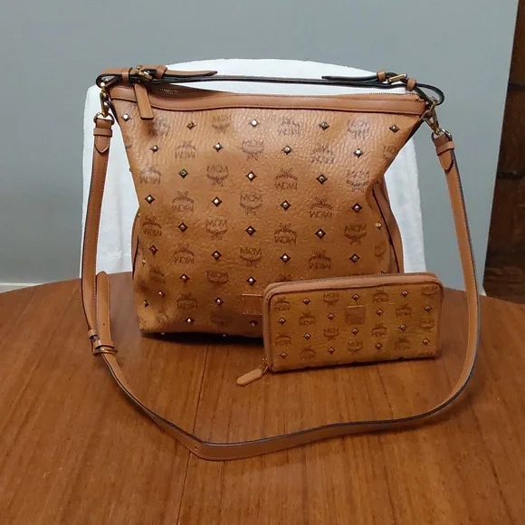 MCM Cognac Hobo Bag with Matching Wallet Iconic Monogram Print - Picture 12 of 12